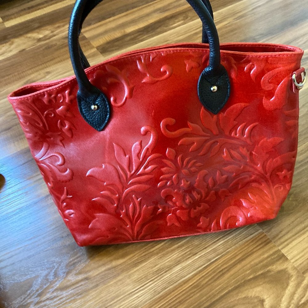 Embossed Red Leather Satchel- Renata Corsi